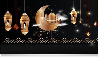 fundo islâmico de luxo ramadan mubarak com lanterna dourada de ornamento decorativo e fundo de ramadã estrela com lanterna dourada e mesquita. vetor