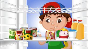 menino olhando comida na geladeira vetor