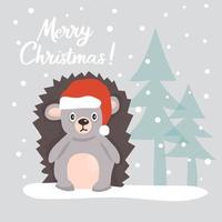 cartão de natal com um ouriço fofo com um chapéu de papai noel, entre árvores de natal em uma floresta de neve vetor