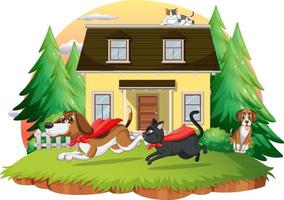 cena de casa ao ar livre com desenhos animados de animais domésticos vetor