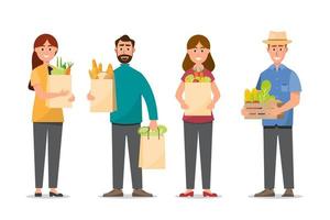 homem e mulher, compras e segurando sacolas cheias de alimentos vetor