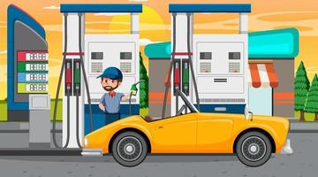 cena de desenho animado de posto de gasolina vetor
