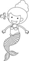 personagem de doodle sereia preto e branco vetor