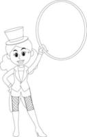 garota de circo segura um personagem de doodle preto e branco de aro vetor