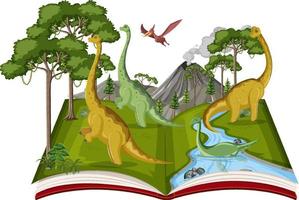 livro com cena de dinossauros na floresta vetor