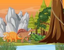 cena da natureza com árvores nas montanhas com dinossauro vetor