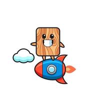 personagem de mascote de madeira de prancha montando um foguete vetor