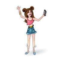 Uma adolescente em shorts jeans tomando uma selfie