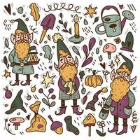 doodle de gnomos de jardim conjunto ilustração. gnomos bonitos com decoração de jardim engraçado de barba, adoráveis anões com lanterna, regador, abóboras, folhas e flores. personagem de desenho animado com pá, cogumelo. vetor