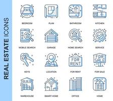 Conjunto de ícones relacionados azul imobiliário linha fina vetor