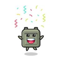 mascote de bolsa de escola feliz pulando para parabéns com confete de cor vetor