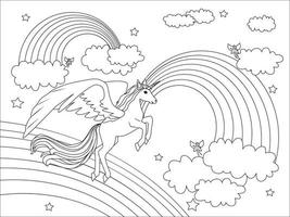 lindo unicórnio voando nas nuvens. ilustração vetorial preto e branco para livro de colorir vetor