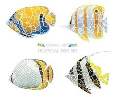 Conjunto de peixes tropicais do mosaico isolado em um fundo branco. vetor