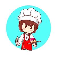 o personagem chef está segurando um delicioso bolo. desenho à mão vetor