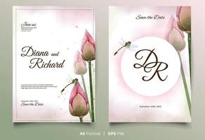 convite de casamento aquarela com flor rosa e libélula vetor