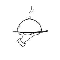 mão de garçom segurando cloche servindo ilustração de doodle de prato vetor