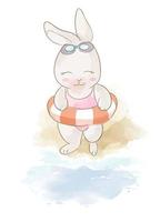 coelho de desenho animado e anel de natação na praia vetor