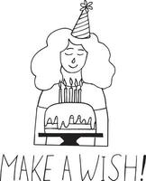 jovem com um chapéu de festa com um cupcake com vela acesa e letras fazer um desejo. modelo de cartão de saudação. aniversário. ícone desenhado à mão. modelo para cartão. monocromático. minimalismo vetor