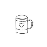 caneca com coração na mão desenhada estilo. bebida quente chá café estilo doodle escandinavo. hygge, ícone, cartão postal, decoração de menu, aconchegante, cozinha, café vetor