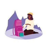 jovem mulher sentada com mala de viagem vetor