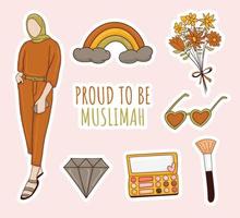 coleção de adesivos de menina muçulmana desenhada à mão colorida vetor