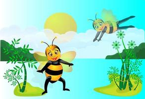 ilustração de desenhos animados de abelhas com paisagens naturais