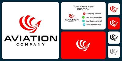 design de logotipo de aviação com modelo de cartão de visita. vetor