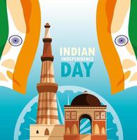 cartaz do dia da independência indiana com bandeira e jama masjid vetor