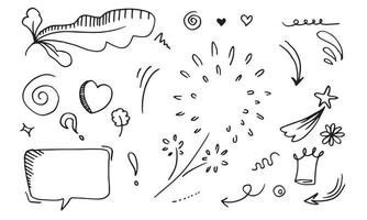 mão desenhada conjunto elemento,preto sobre fundo branco.seta,folhas,balão do discurso,coração,flor,estrela,rei,ênfase,redemoinho,para o projeto de conceito. vetor