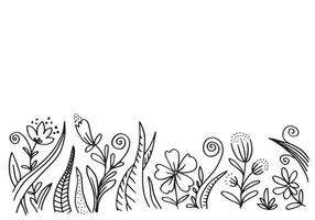 silhuetas negras de grama, flores e ervas isoladas no fundo branco. flores de esboço desenhados à mão. vetor