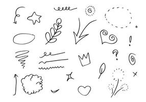 mão desenhada conjunto elemento,preto sobre fundo branco.seta,folhas,balão do discurso,coração,flor,estrela,rei,ênfase,redemoinho,para o projeto de conceito. vetor