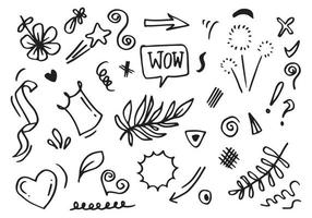 conjunto de elementos de design doodle isolados em um fundo branco para conceitos de design como flores, folhas, estrela, fita, setas e outros. vetor