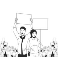 Homem e mulher com um cartaz em branco na demonstração vetor