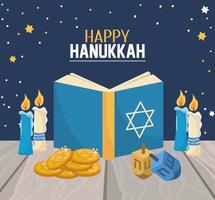 livro de Hanukkah com velas e decoração de giro vetor