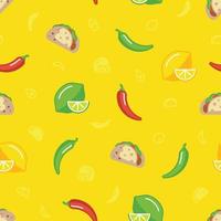 ícones coloridos de comida mexicana com ícones menores no meio em fundo amarelo. vetor