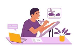 conceito de educação on-line. um homem está estudando cursos online para fazer tatuagens em casa. ilustração vetorial em um estilo cartoon plana. vetor