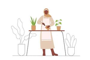 mulher muçulmana transplanta plantas. mulheres jardineiras. jardinagem. plantas em crescimento. ilustração vetorial plana vetor