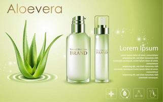 ilustração vetorial de anúncios cosméticos aloevera, frascos de spray verde com aloevera vetor