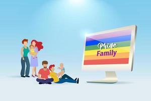 casal de família lgbt segurando bebê adotado com bandeira de cores do arco-íris lgbt no computador. vetor