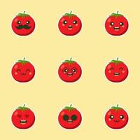 ilustração em vetor design plano de personagem de tomate bonito e kawaii. ilustração em vetor vegetal feliz... comida verde, pode ser usada no menu do restaurante, livros de culinária e rótulo de fazenda orgânica