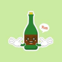 garrafas de vinho fofas e kawaii sobre fundo verde, design colorido. ilustração em vetor design plano. champanhe kawaii dos desenhos animados com sorriso e olhos sorridentes. garrafa de champanhe fofa