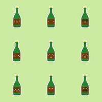 garrafas de vinho fofas e kawaii sobre fundo verde, design colorido. ilustração em vetor design plano. champanhe kawaii dos desenhos animados com sorriso e olhos sorridentes. garrafa de champanhe fofa