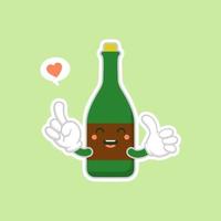 garrafas de vinho fofas e kawaii sobre fundo verde, design colorido. ilustração em vetor design plano. champanhe kawaii dos desenhos animados com sorriso e olhos sorridentes. garrafa de champanhe fofa