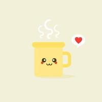 copo emoji kawaii com bochechas e olhos. personagem de copos de doodle lindo colorido em designs planos com rostos bonitos de desenho animado. café e chá quentes. ilustração vetorial. vetor