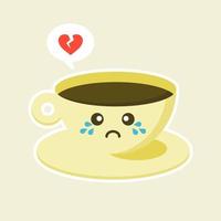 personagem de café triste em ilustração vetorial de estilo simples. personagem de desenho animado de xícara de café com expressão engraçada vetor