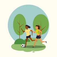 Treinamento de futebol de mulheres no parque dos desenhos animados vetor