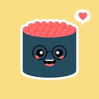 rolo de sushi kawaii fofo com caviar. refeição tradicional japonesa. estilo mangá de desenho animado. personagem de anime engraçado com cara de feliz. projeto plano. ilustração vetorial na moda. modelo de logotipo vetor