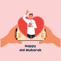 menino muçulmano muito feliz eid mubarak. ilustração vetorial. adequado para pôster, banner, campanha e cartão de felicitações.