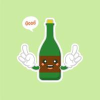 garrafas de vinho fofas e kawaii sobre fundo verde, design colorido. ilustração em vetor design plano. champanhe kawaii dos desenhos animados com sorriso e olhos sorridentes. garrafa de champanhe fofa