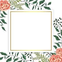 cartão com contorno dourado e rosas, galhos e folhas vetor
